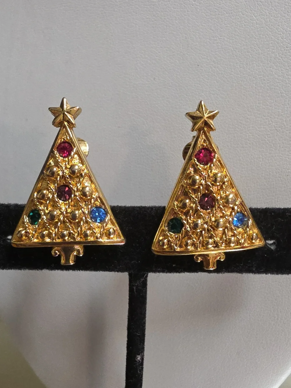 Vintage Multicolor Crystal Christmas Tree Clip On Earrings